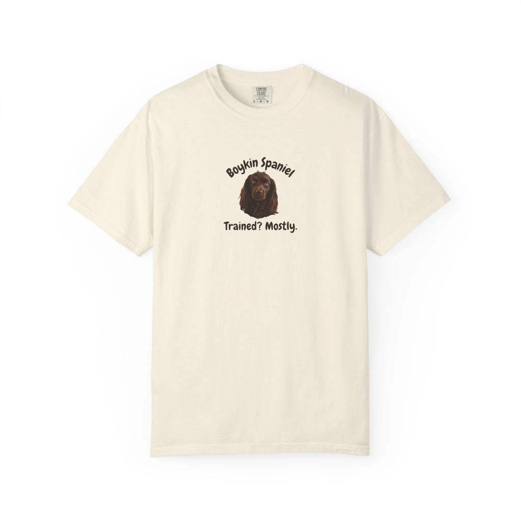 Boykin Spaniel "Trained? Mostly" Funny T-Shirt with "Smart Enough Not to Listen" on Back