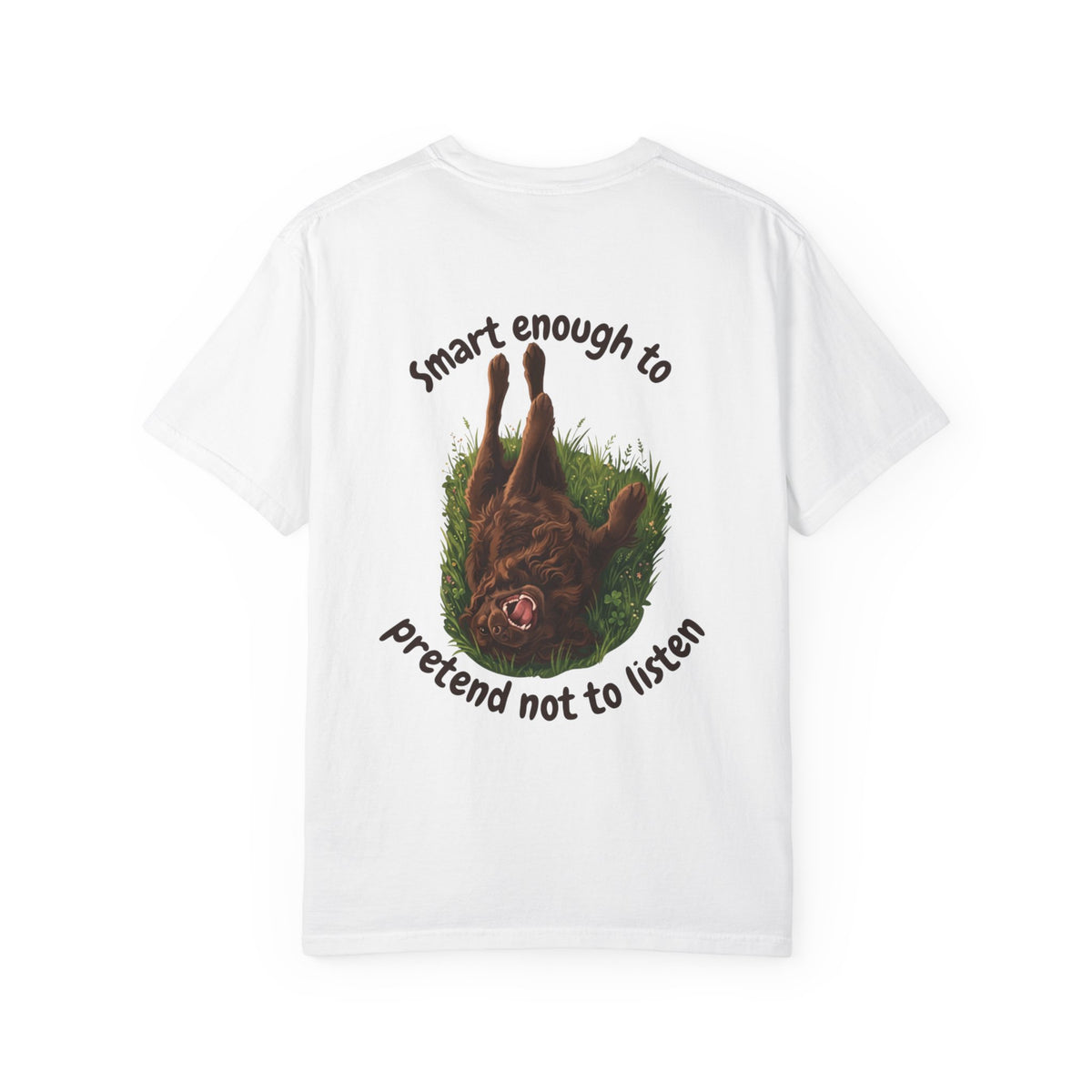 Boykin Spaniel "Trained? Mostly" Funny T-Shirt with "Smart Enough Not to Listen" on Back