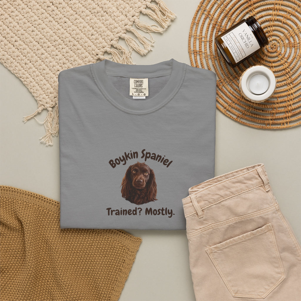 Boykin Spaniel "Trained? Mostly" Funny T-Shirt with "Smart Enough Not to Listen" on Back