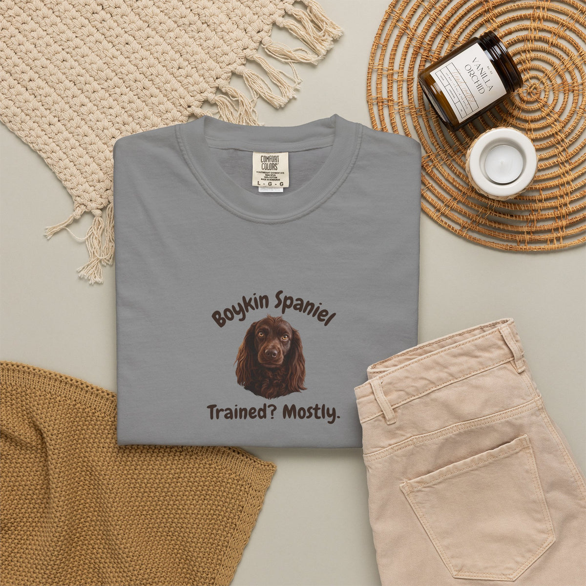 Boykin Spaniel "Trained? Mostly" Funny T-Shirt with "Smart Enough Not to Listen" on Back