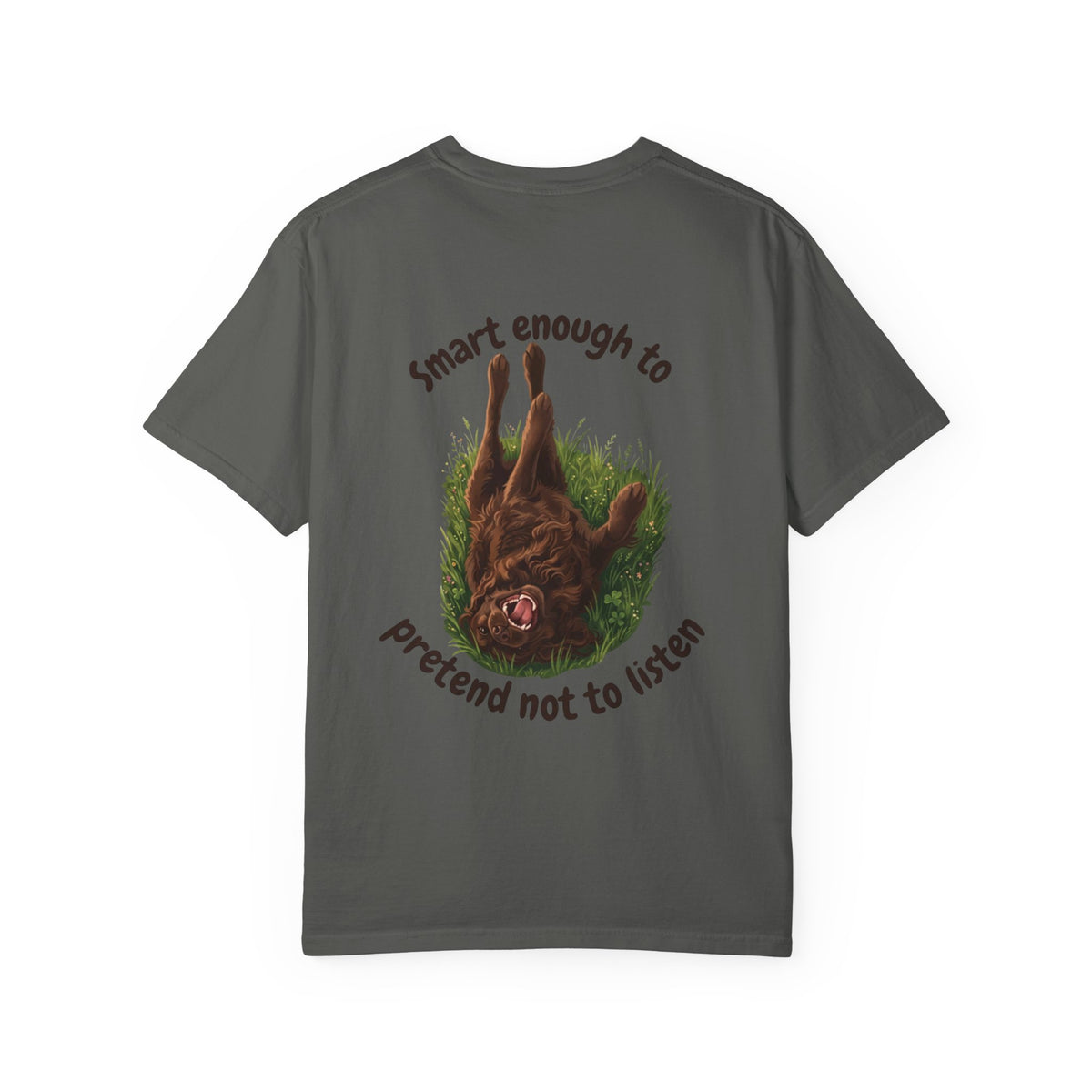 Boykin Spaniel "Trained? Mostly" Funny T-Shirt with "Smart Enough Not to Listen" on Back