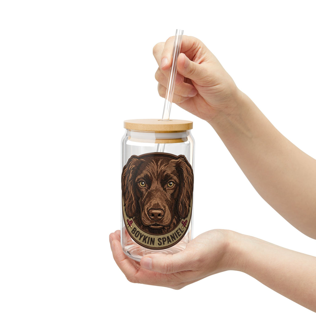 Boykin Spaniel Illustration 16oz Glass Tumbler with Bamboo Lid