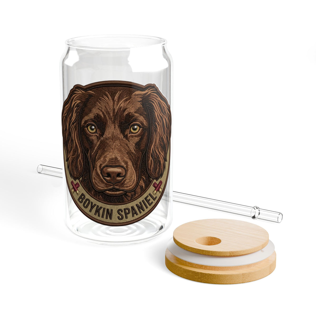 Boykin Spaniel Illustration 16oz Glass Tumbler with Bamboo Lid