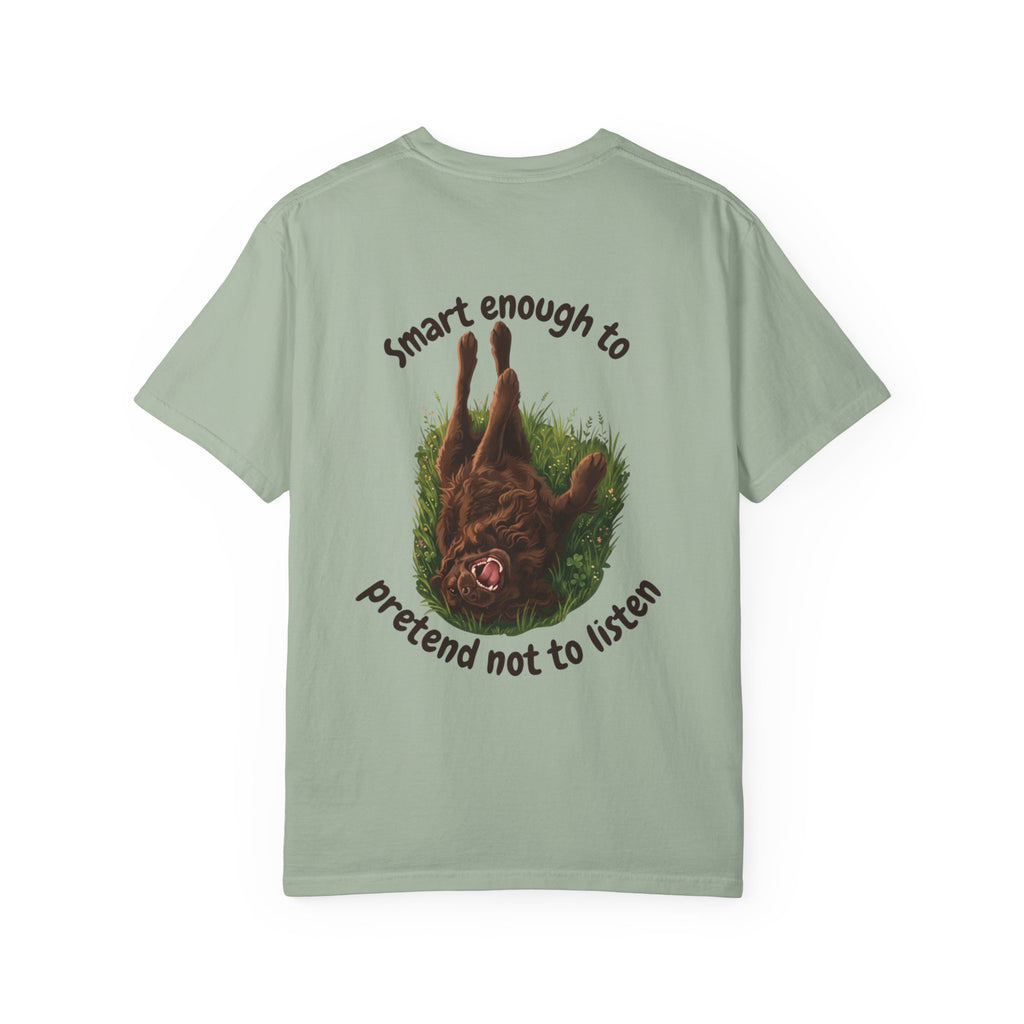 Boykin Spaniel "Trained? Mostly" Funny T-Shirt with "Smart Enough Not to Listen" on Back