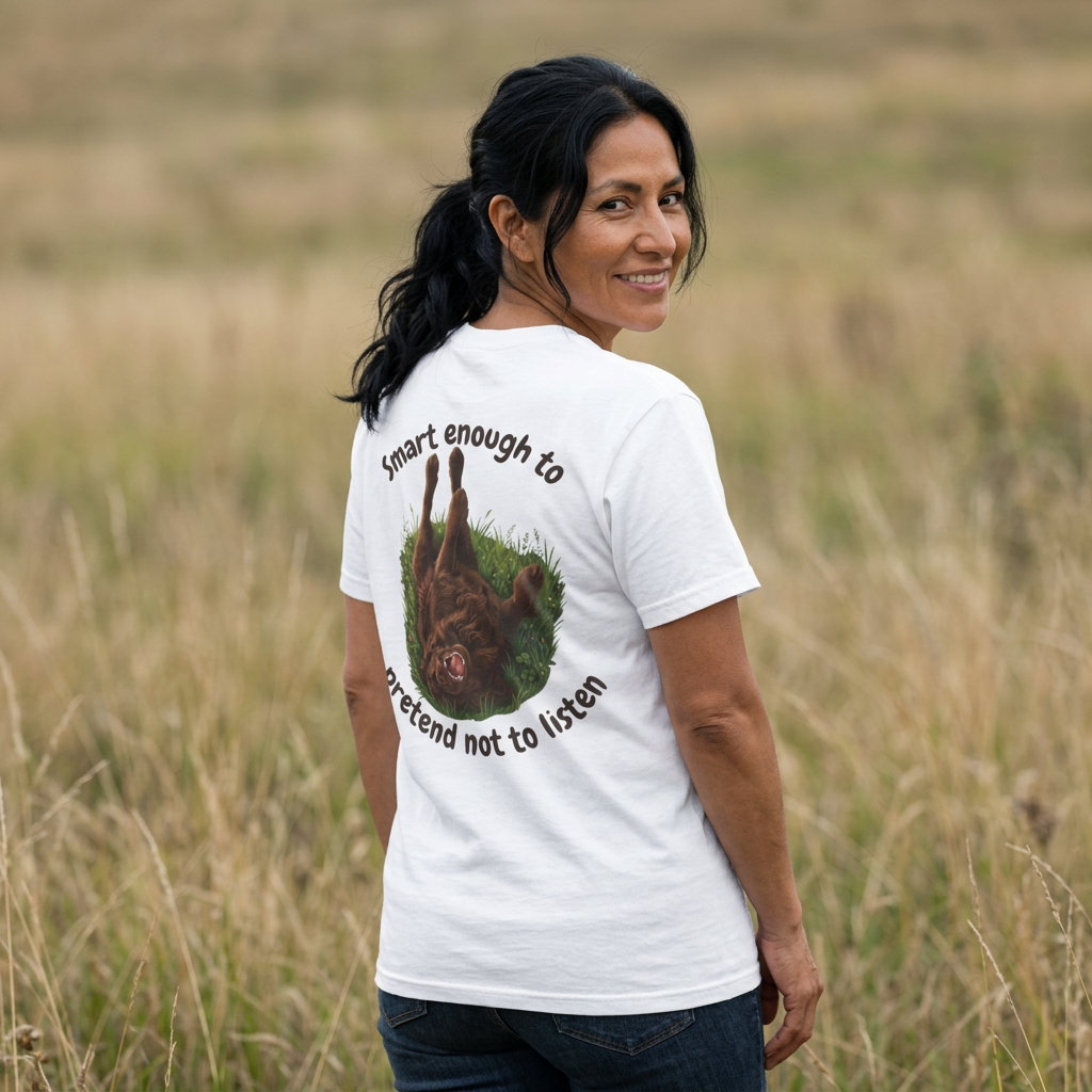 Boykin Spaniel "Trained? Mostly" Funny T-Shirt with "Smart Enough Not to Listen" on Back