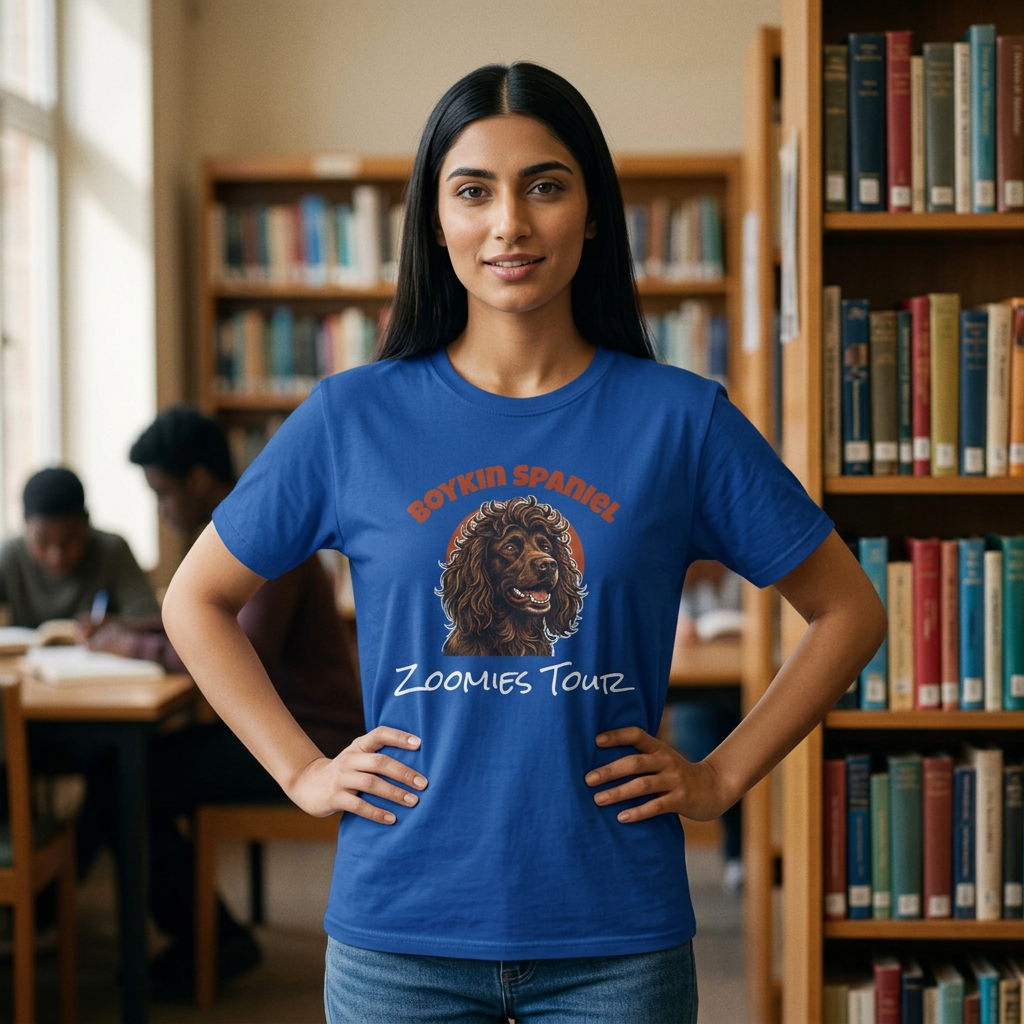 A woman stands in a library wearing a royal blue graphic t-shirt with a cartoon dog and the text 'BOYKIN SPANIEL Zoomies Tour'.