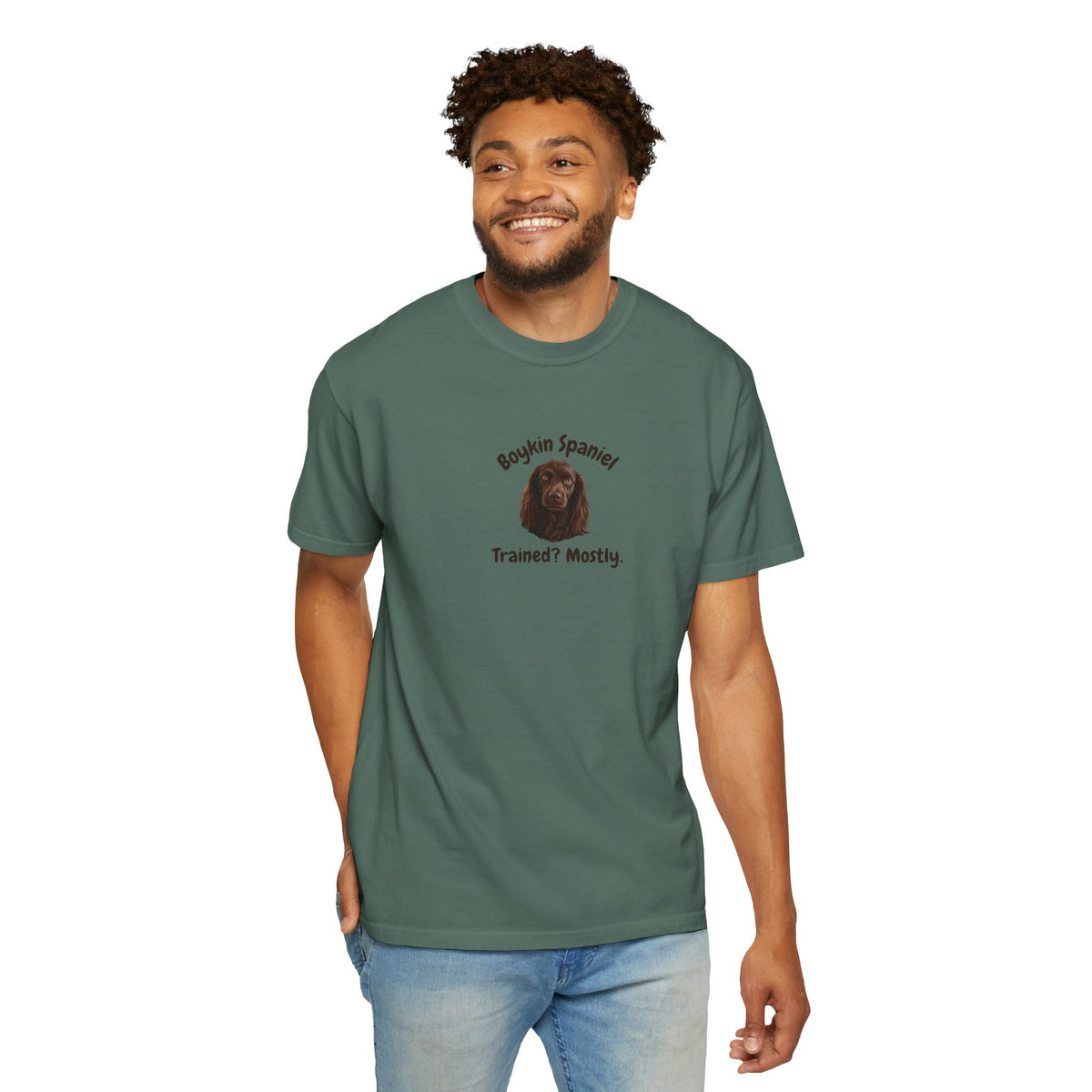 Boykin Spaniel "Trained? Mostly" Funny T-Shirt with "Smart Enough Not to Listen" on Back