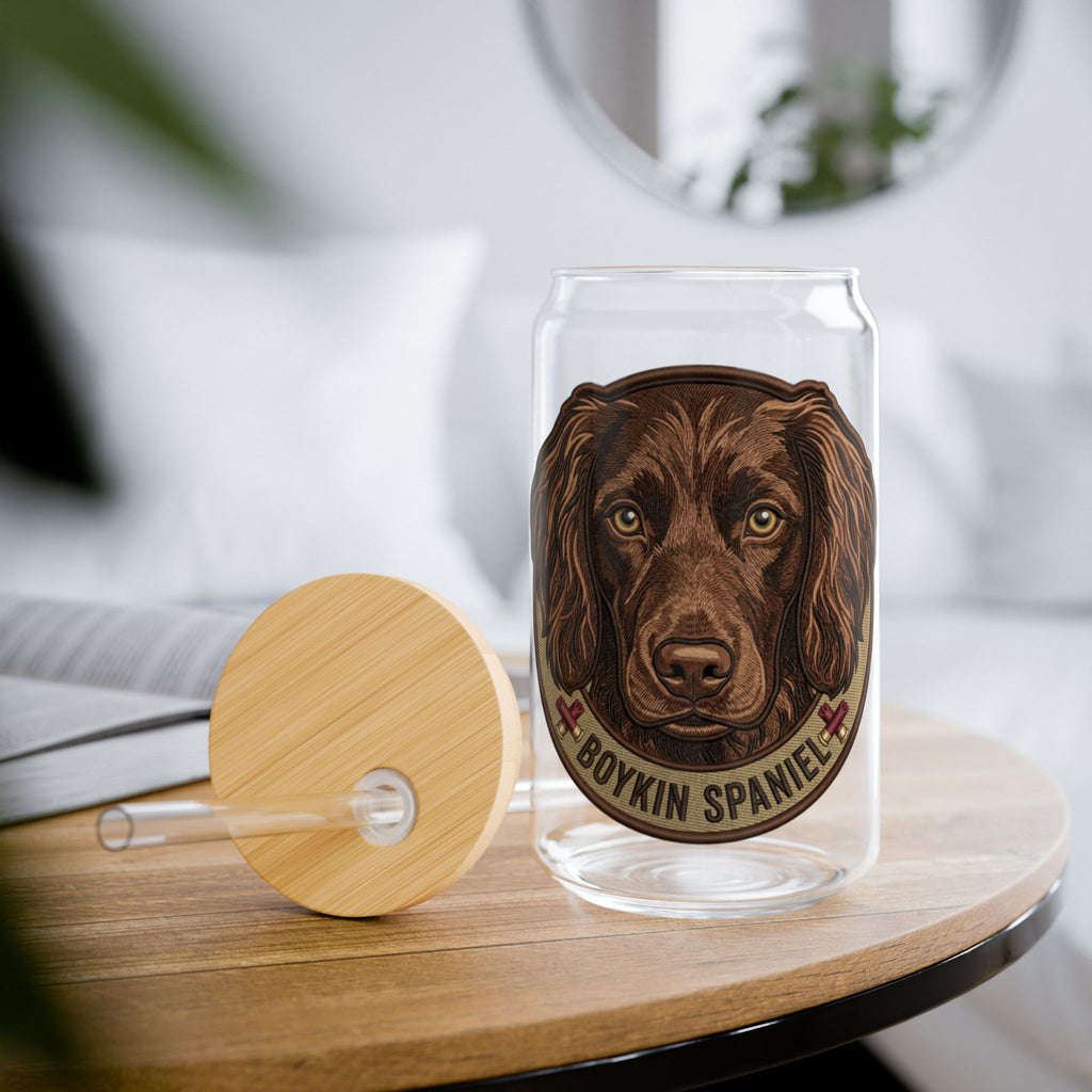 Boykin Spaniel Illustration 16oz Glass Tumbler with Bamboo Lid