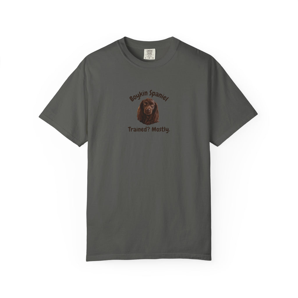 Boykin Spaniel "Trained? Mostly" Funny T-Shirt with "Smart Enough Not to Listen" on Back
