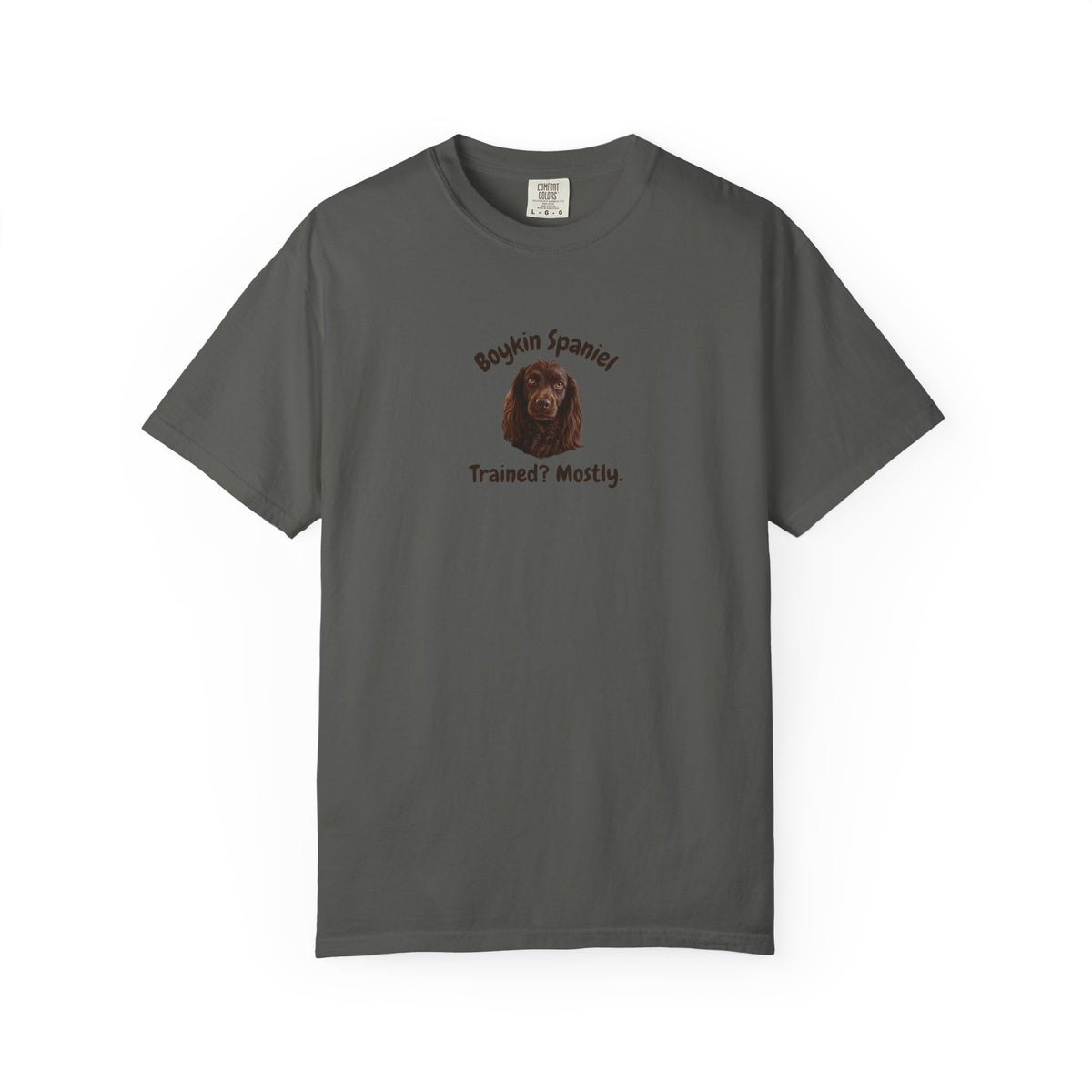 Boykin Spaniel "Trained? Mostly" Funny T-Shirt with "Smart Enough Not to Listen" on Back