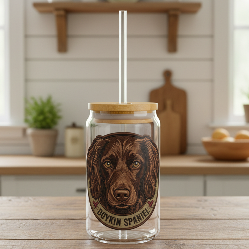Boykin Spaniel Illustration 16oz Glass Tumbler with Bamboo Lid