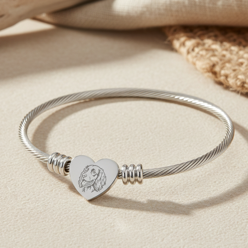 Boykin Spaniel Engraved Dog Portrait in Heart Charm Cuff Bracelet